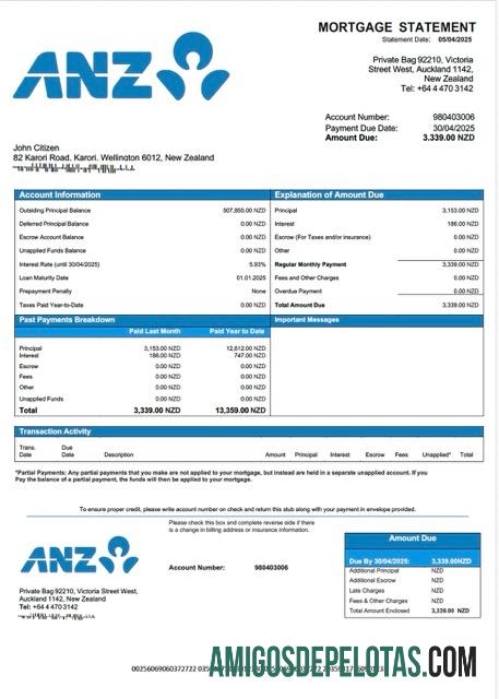 imprimível Modelo Word e PDF de extrato de hipoteca do banco ANZ da Nova Zelândia